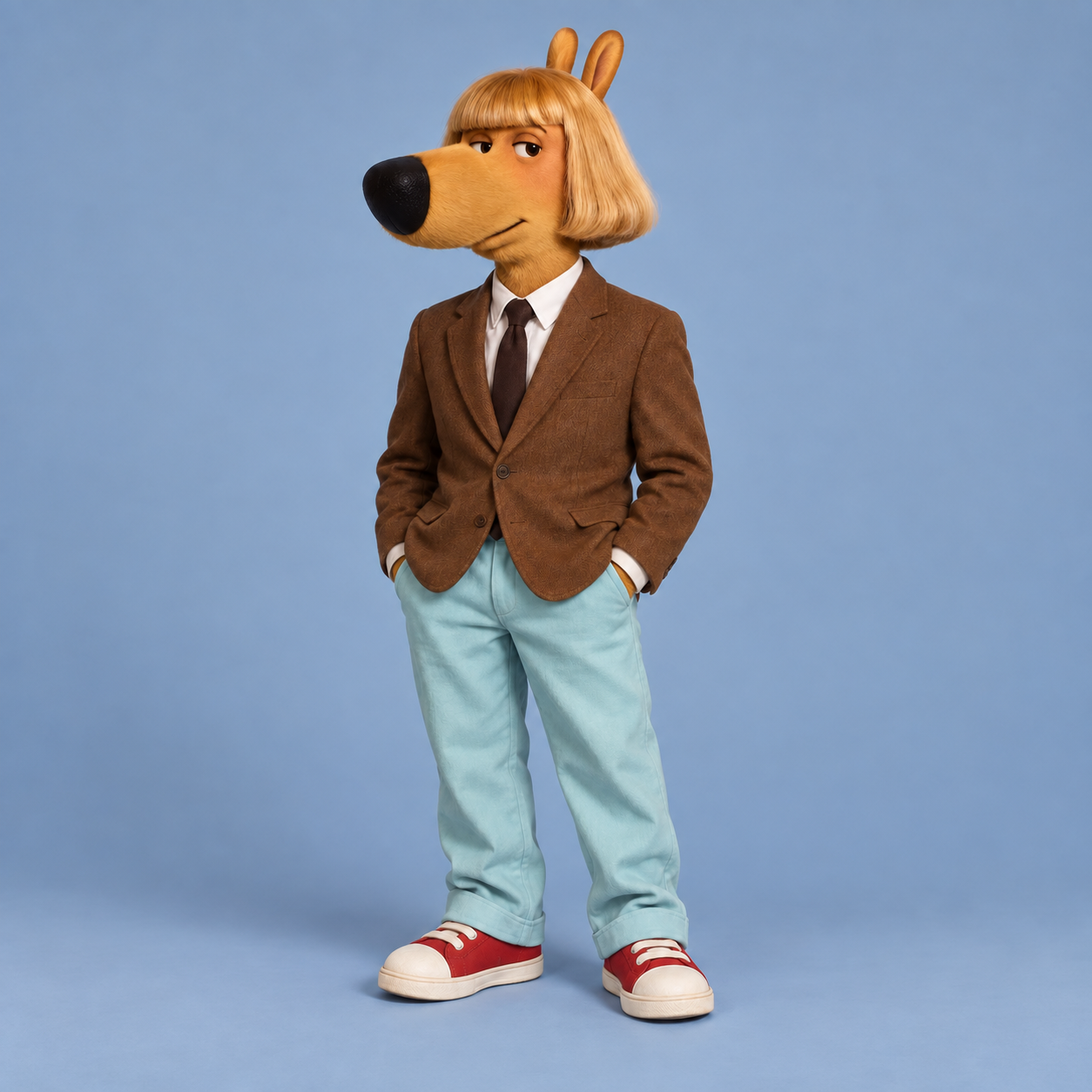 JEANGUY, a golden dog with a bob haircut, brown blazer, blue trousers, and red sneakers